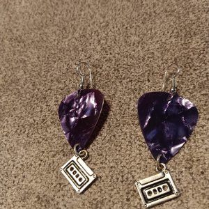 CASSETTE TAPES ON PURPLE PEARL GUITAR PICK EARRINGS